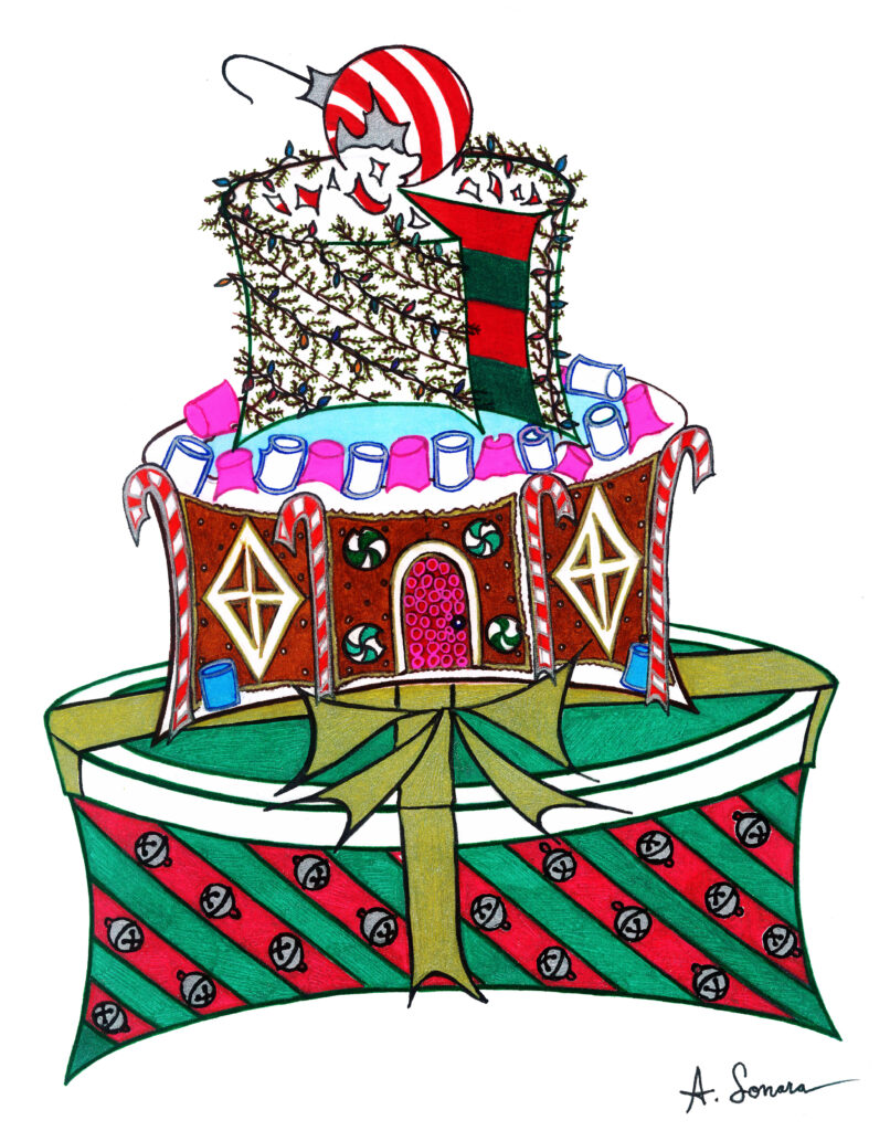 X-Mas Cake [2016]; Merry X-Mas on a three-tier cake. Jingle bells adorn wrapping paper on a gift box form the base, a not too complicated gingerbread house makes the center, and evergreen vines with decorative lights make up the precipice, topped with a broken peppermint ornament.