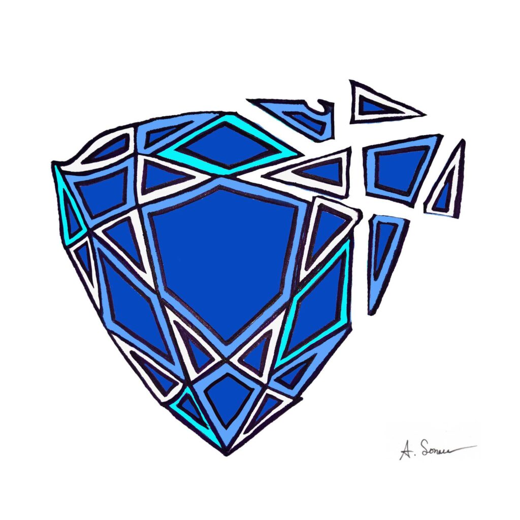Shattered Sapphire [2016]; Sapphire’s are a 9 on the Mohs hardness scale. Imagine the release of precision energy required to shatter several facets of a trillion-cut stone and feel that power and strength of will. 